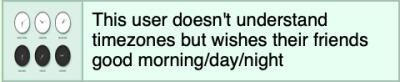 this user doesn't understand timezones but wishes their friends a good morning/day/night